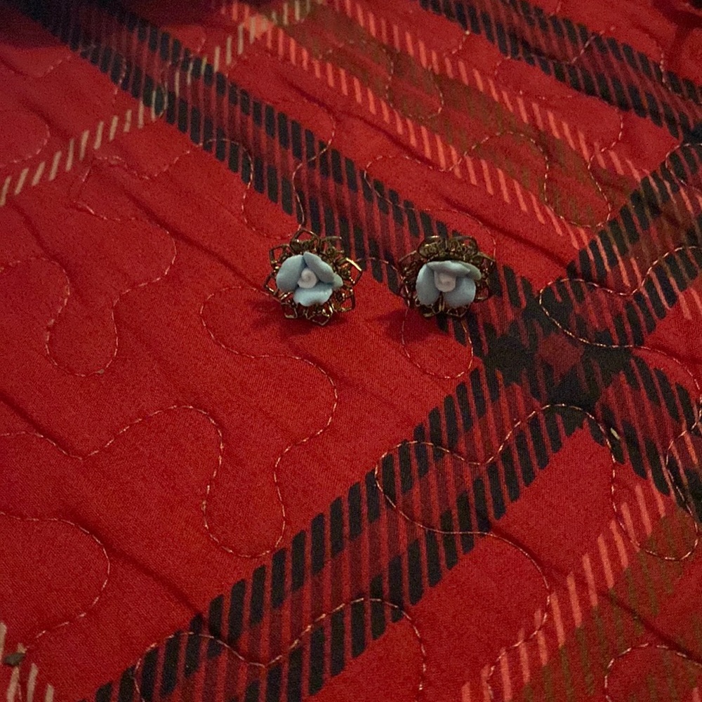 Vintage brass, and porcelain blue Rose earrings